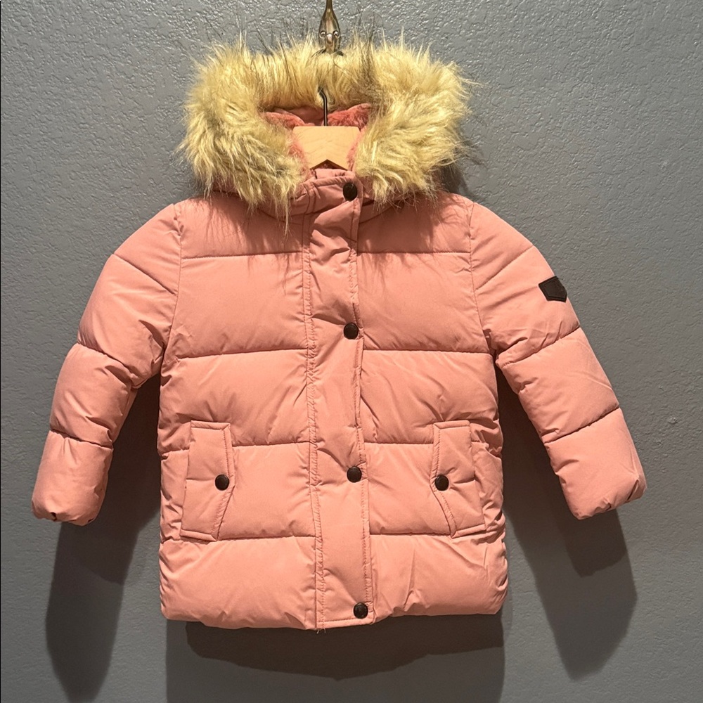 NWOT Sam Edelman Pink Puffer Jacket with Faux Fur Hood Sz 2t girl.
